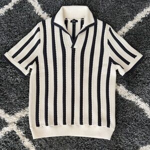 Reiss Duncan Striped Knit Polo Top in Cream and Black